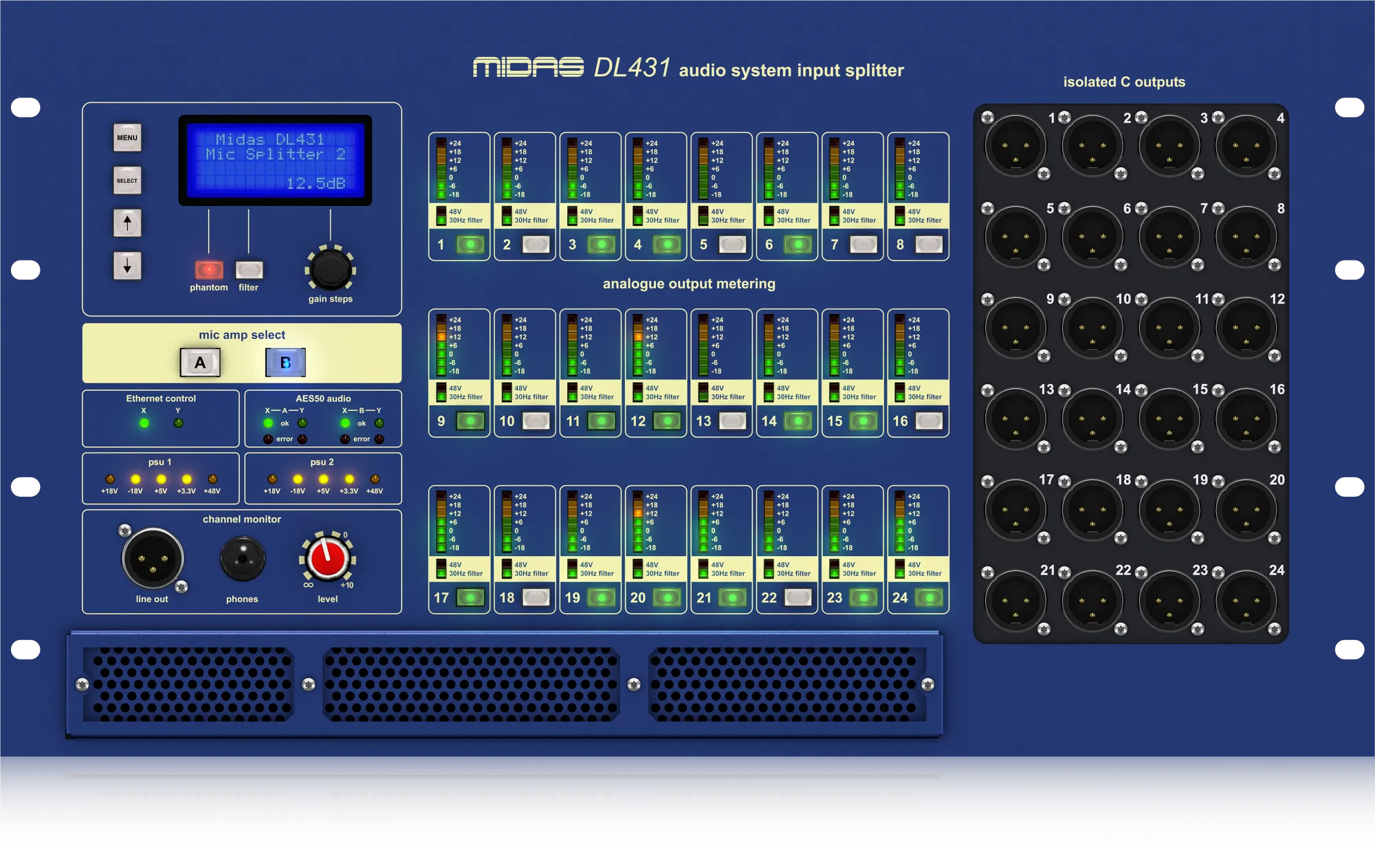 Midas DL431 - 24 Input, 72 Output Active Microphone Splitter with Independent Midas Microphone Preamplifiers