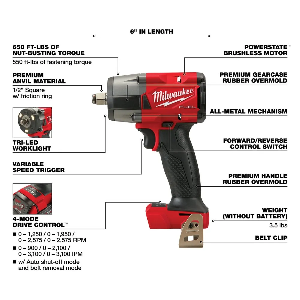 Milwaukee 2962-80 M18 FUEL 18V 1/2" Mid-Torque Impact Wrench - Bare Tool, Recon