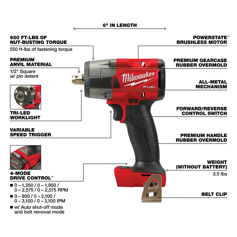 Milwaukee 2962P-22R M18 FUEL 18V 1/2" Mid-Torque Impact Wrench w/ Pin Detent Kit