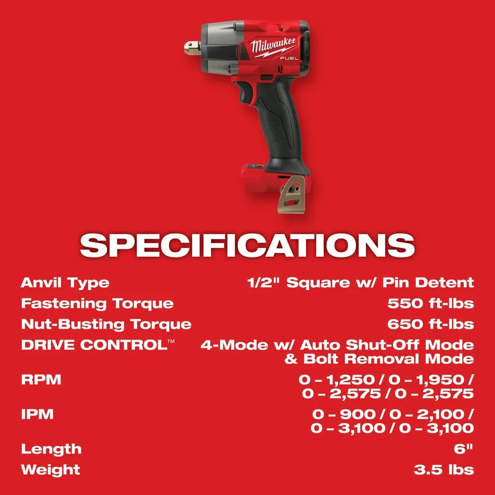 Milwaukee 2962P-22R M18 FUEL 18V 1/2" Mid-Torque Impact Wrench w/ Pin Detent Kit