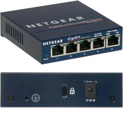 Netgear ProSafe 5-port Unmanaged Ethernet Switch, 5 x RJ-45 Ports, Desktop/Wall-mountable - GS105NA