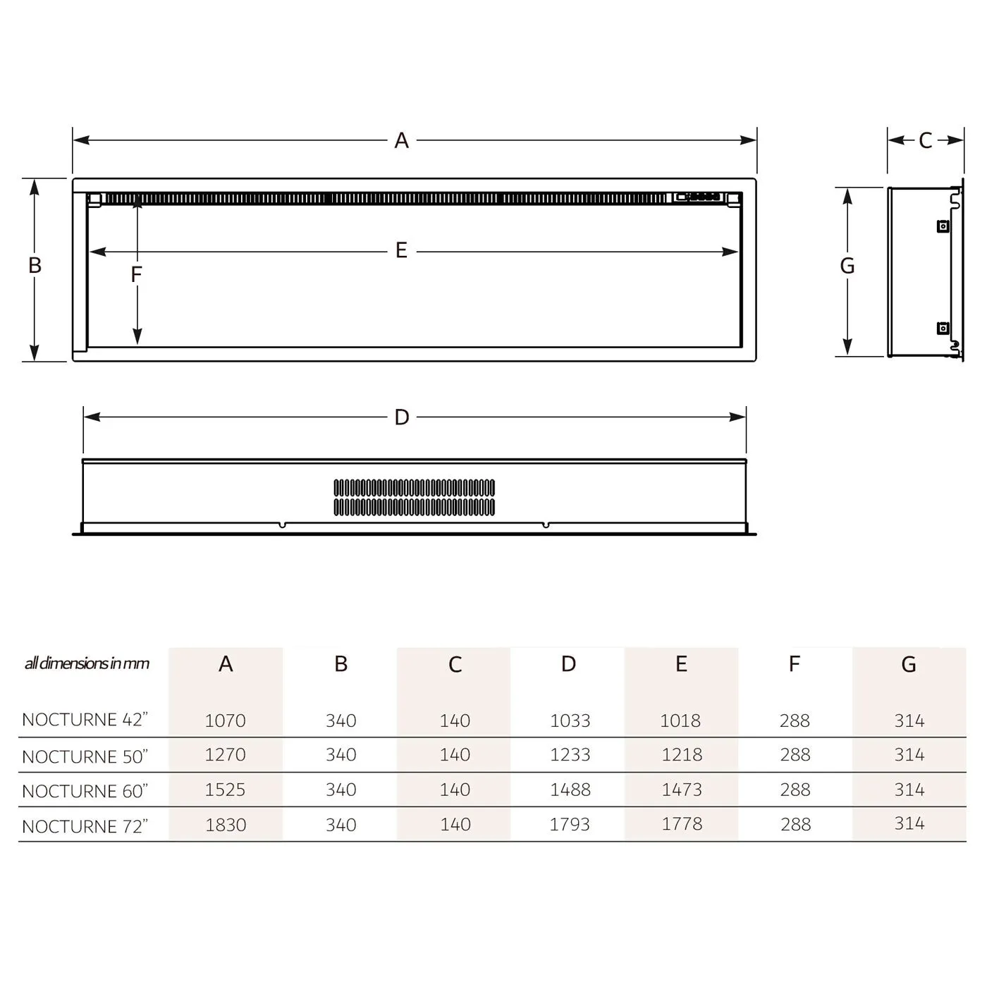 Nocturne 1500W 60 inch Built-in Recessed Electric Fireplace - Extra Slim