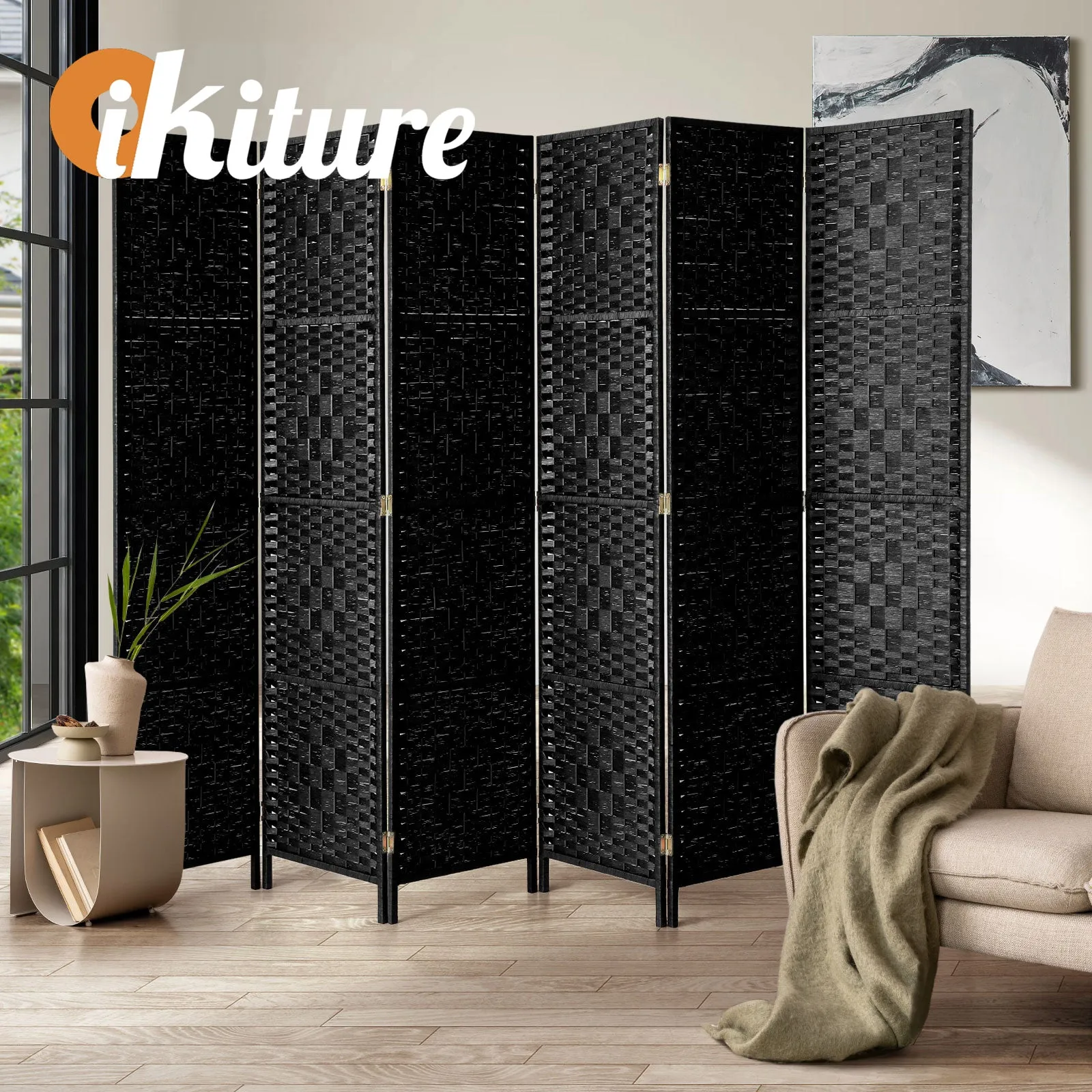 Oikiture 6 Panel Room Divider Screen Privacy Dividers Woven Wood Folding Black