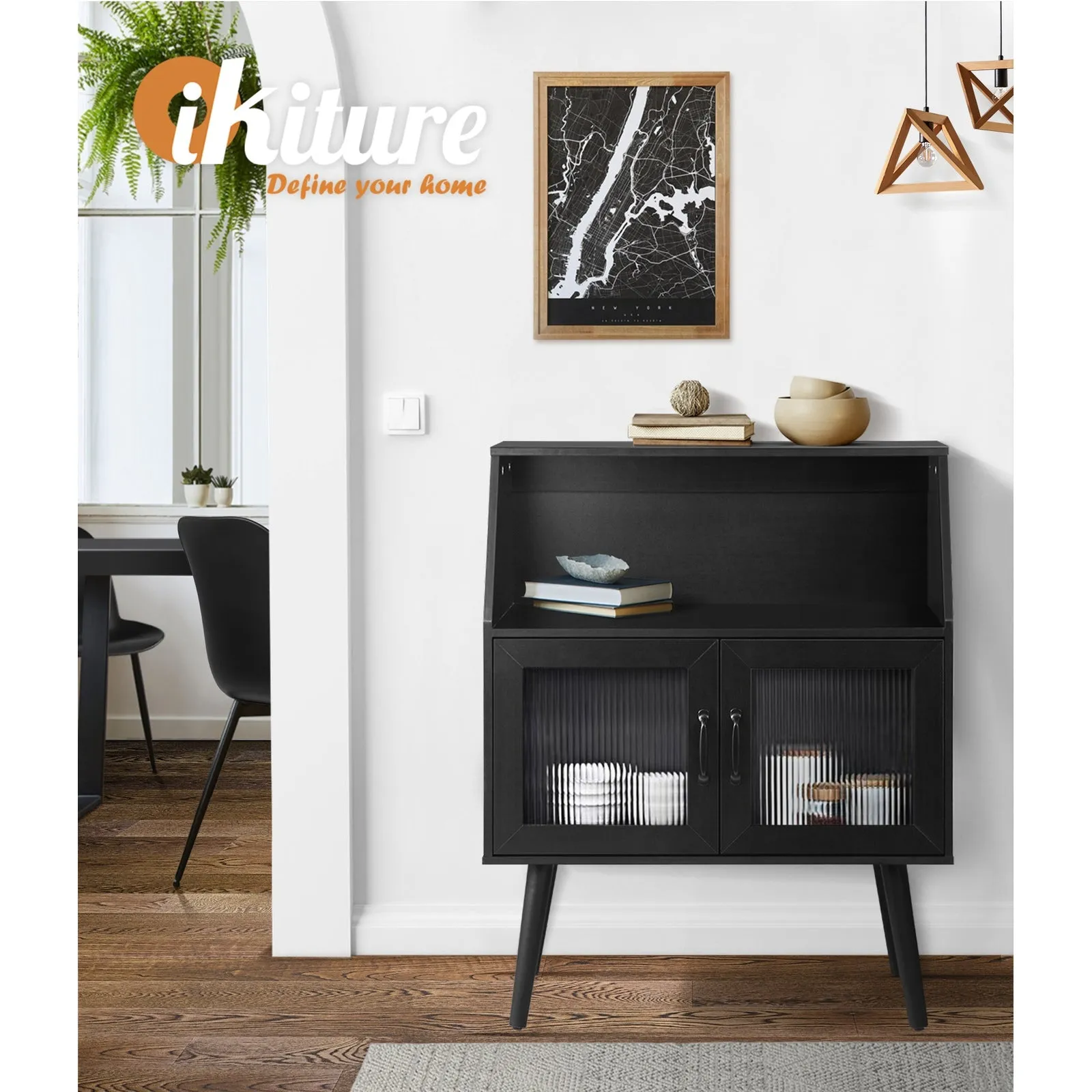 Oikiture Buffet Sideboard Storage Cabinet Kitchen Cupboard Hallway Table Black