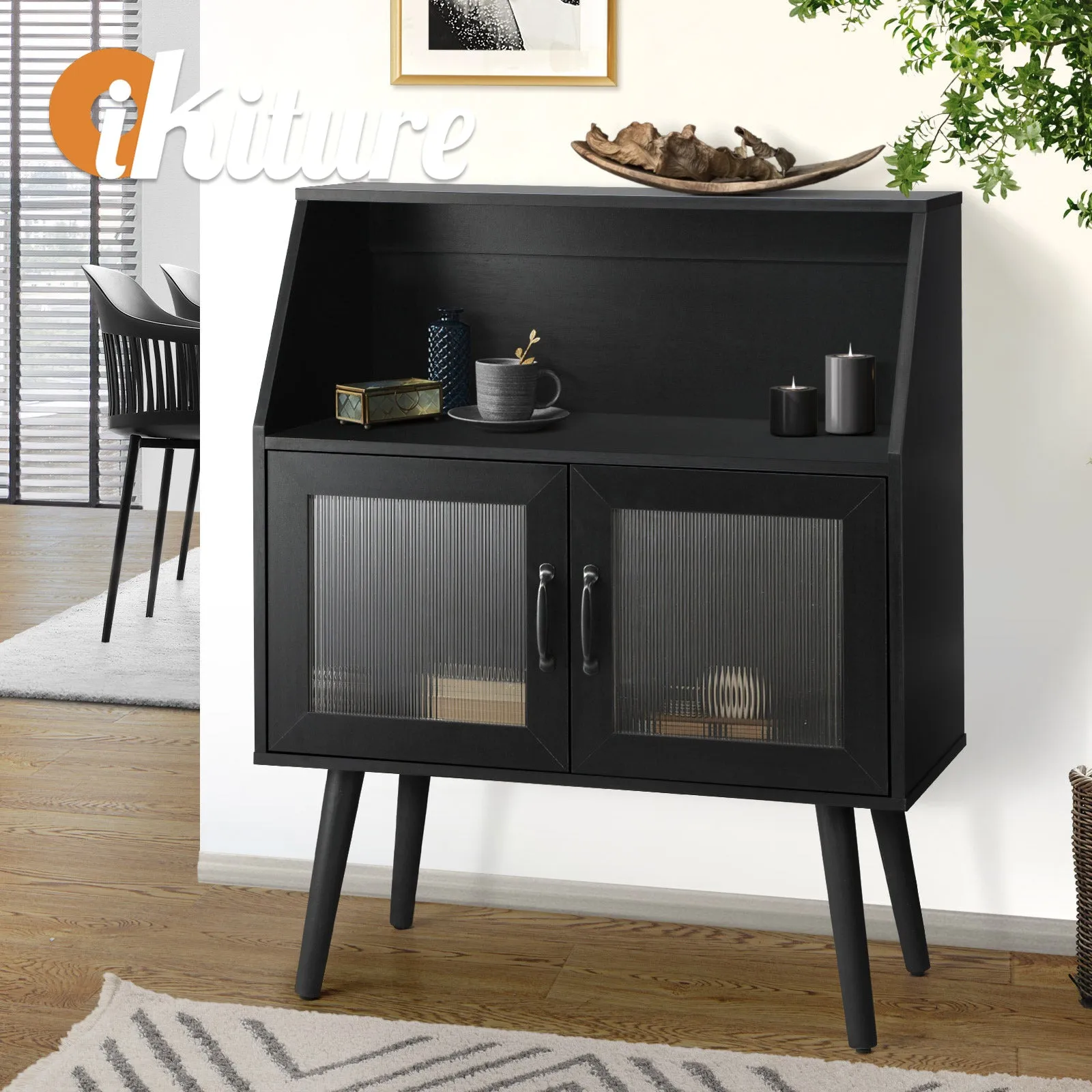 Oikiture Buffet Sideboard Storage Cabinet Kitchen Cupboard Hallway Table Black