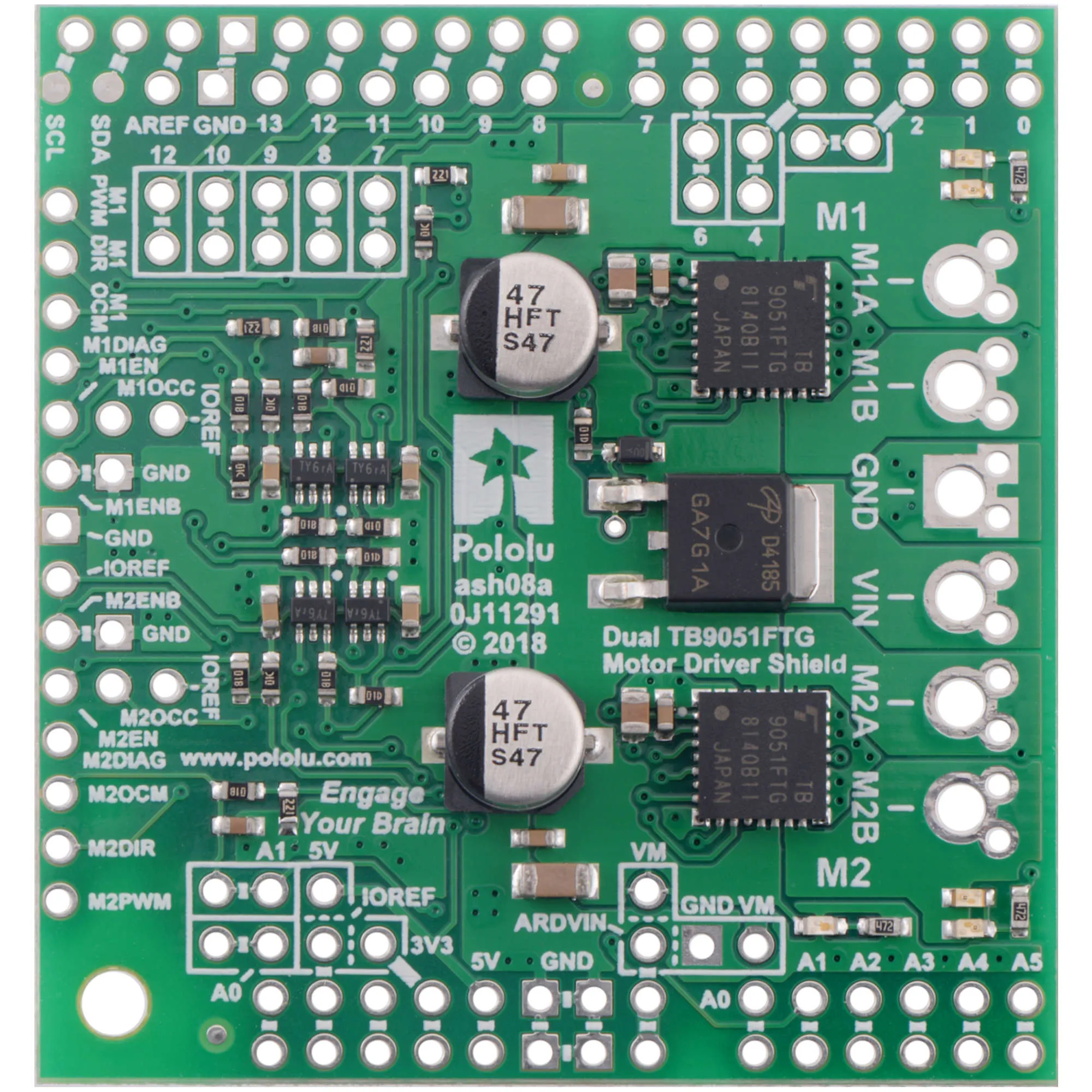 Pololu Dual TB9051FTG Motor Driver Shield for Arduino (4.5-28V 2.6A /ch)