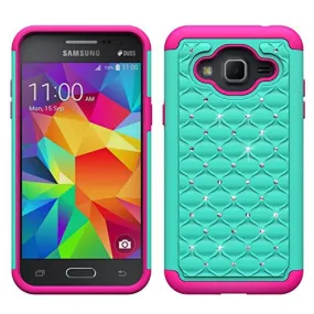Samsung Galaxy J3 Case, J3V Case | Express Prime Case | Galaxy Sky Case | Amp Prime Case | Galaxy Sol Diamond Rhinestone Hybrid Case - Teal/Hot Pink
