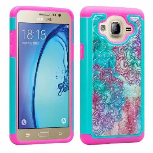 Samsung Galaxy On5 Diamond Rhinestone Studded [Impact/Shock Resistant] Hybrid Dual Layer Case for Galaxy On5 - Teal Flower
