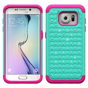 Samsung Galaxy S7 Edge Case, Crystal Rhinestone Studded Slim Hybrid Dual Layer Case for Galaxy S7 Edge - Teal/HotPink