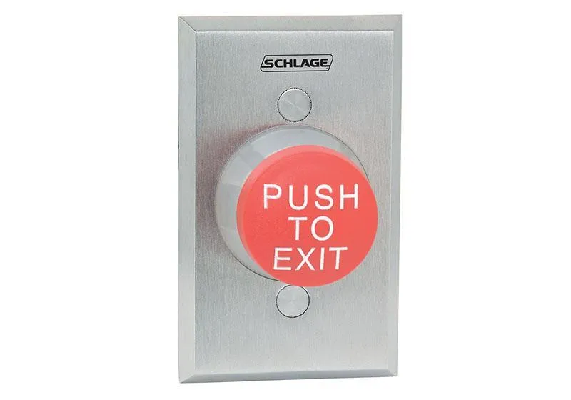 Schlage Electronics 623RD EX DP SF-626 1-5/8" Mushroom Button, Single Gang, Red, "PUSH TO EXIT", Double Pole Double Throw, Satin Chrome