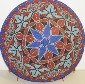 Vintage, Now Rare, Ceremonial Conical Coolie Sun Hat, Hand Beaded Minute Colorful Mosaic Motifs, Orchid, Leaves &  Lotus Flowers, Nassa Shells: 161A4, Collected in Sumatra, 1980’s but Older. Bride Price, Currency. 21” Tall Display Stand Included.