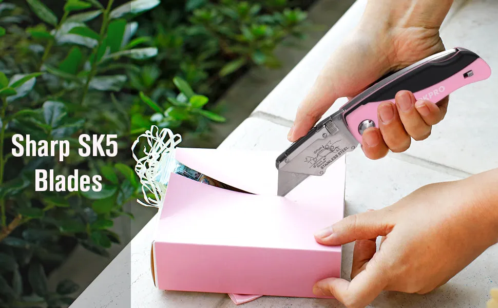 WORKPRO - #B09DFGX7D7 Folding Utility Knife, Quick Change Box Cutter, Pink Razor Knife for Cartons, Cardboard, Boxes with Blade Storage Design, Extra 15 Blades Included