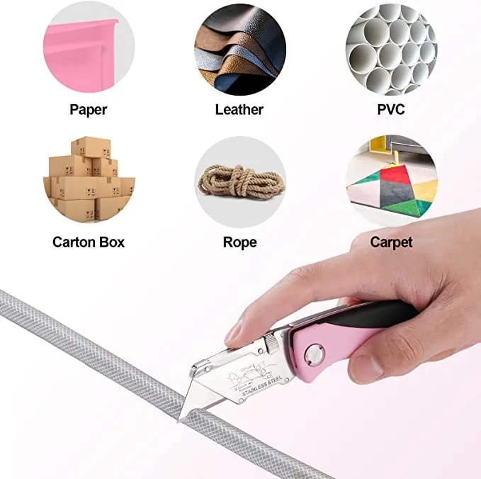WORKPRO - #B09DFGX7D7 Folding Utility Knife, Quick Change Box Cutter, Pink Razor Knife for Cartons, Cardboard, Boxes with Blade Storage Design, Extra 15 Blades Included