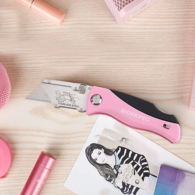 WORKPRO - #B09DFGX7D7 Folding Utility Knife, Quick Change Box Cutter, Pink Razor Knife for Cartons, Cardboard, Boxes with Blade Storage Design, Extra 15 Blades Included
