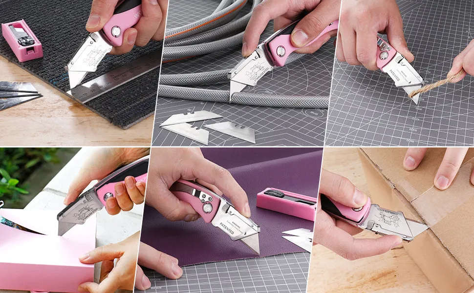 WORKPRO - #B09DFGX7D7 Folding Utility Knife, Quick Change Box Cutter, Pink Razor Knife for Cartons, Cardboard, Boxes with Blade Storage Design, Extra 15 Blades Included