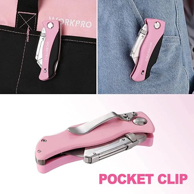 WORKPRO - #B09DFGX7D7 Folding Utility Knife, Quick Change Box Cutter, Pink Razor Knife for Cartons, Cardboard, Boxes with Blade Storage Design, Extra 15 Blades Included