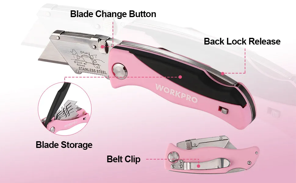 WORKPRO - #B09DFGX7D7 Folding Utility Knife, Quick Change Box Cutter, Pink Razor Knife for Cartons, Cardboard, Boxes with Blade Storage Design, Extra 15 Blades Included