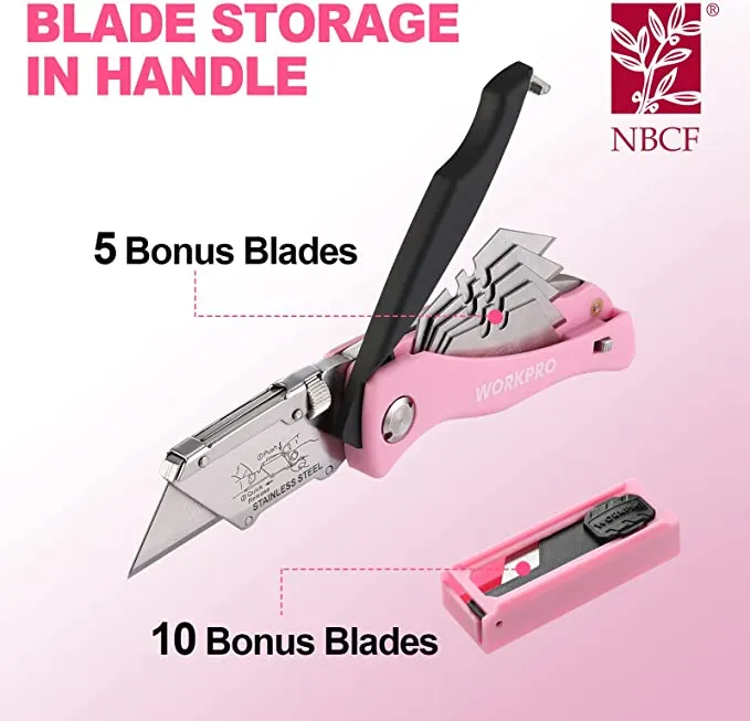 WORKPRO - #B09DFGX7D7 Folding Utility Knife, Quick Change Box Cutter, Pink Razor Knife for Cartons, Cardboard, Boxes with Blade Storage Design, Extra 15 Blades Included