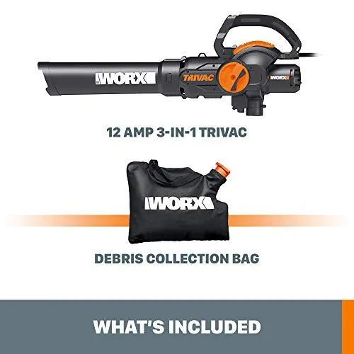WORX WG512 Trivac 2.0 Electric 12-amp 3-in-1 Vacuum Blower/Mulcher/Vac, Black and Orange