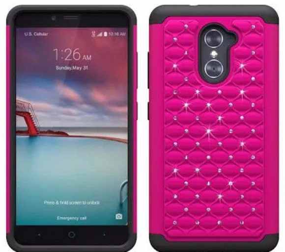 ZTE Grand X Max 2 Case | Imperial Max/Max Duo Diamond Rhinestone Dual Layer Hybrid Case for ZTE Grand X Max 2/Imperial Max/Max Duo LTE - Hot Pink/Black