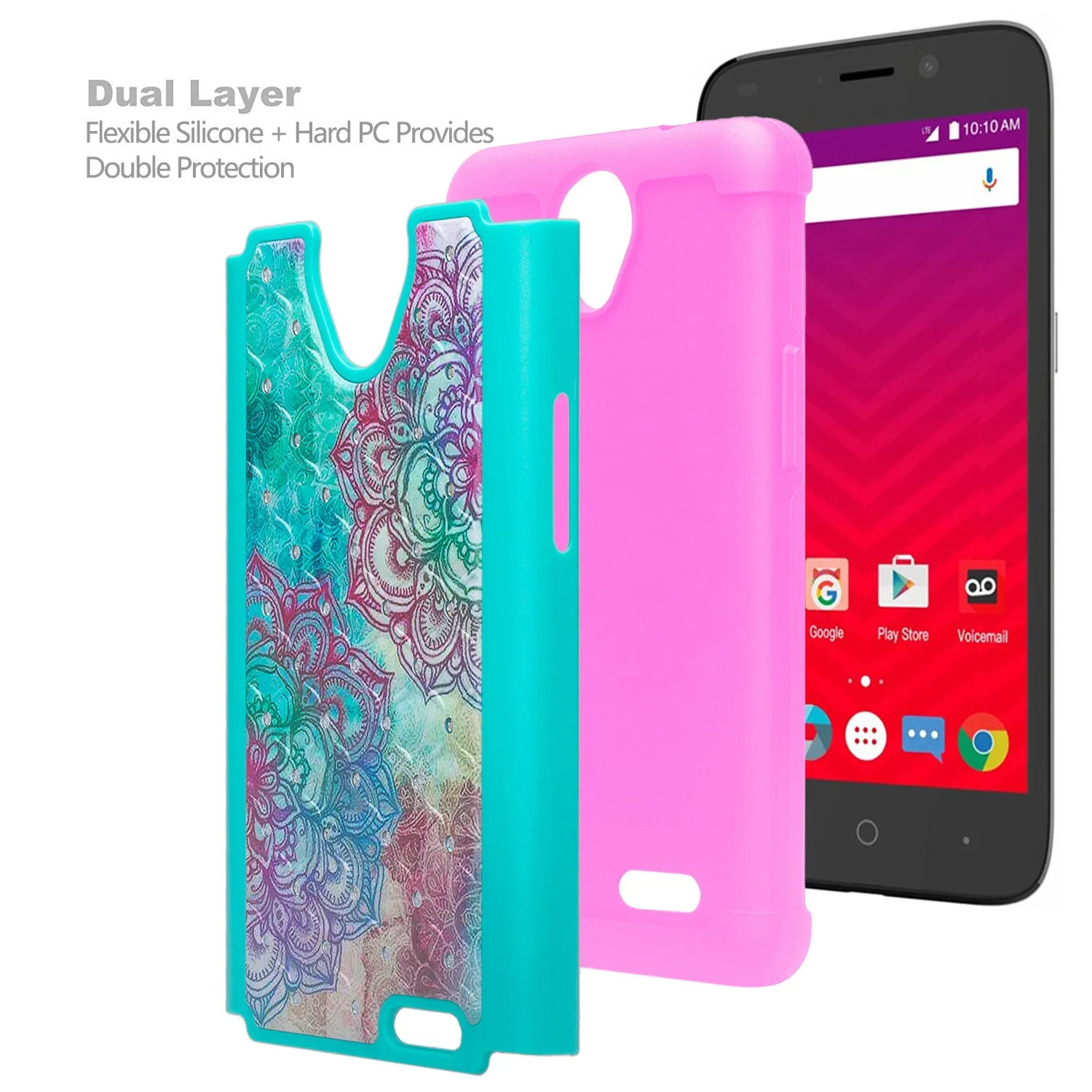 ZTE Prestige 2, Overture 3, Maven 3, Prelude Plus, ZTE 9136, Midnight Pro, Crystal Rhinestone Studded Shockproof Hybrid Dual Layer Case Cover - Teal Flower