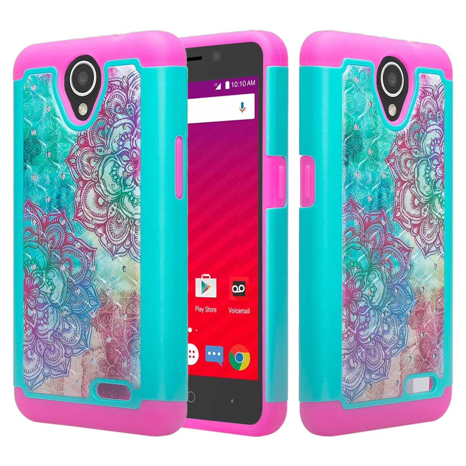 ZTE Prestige 2, Overture 3, Maven 3, Prelude Plus, ZTE 9136, Midnight Pro, Crystal Rhinestone Studded Shockproof Hybrid Dual Layer Case Cover - Teal Flower