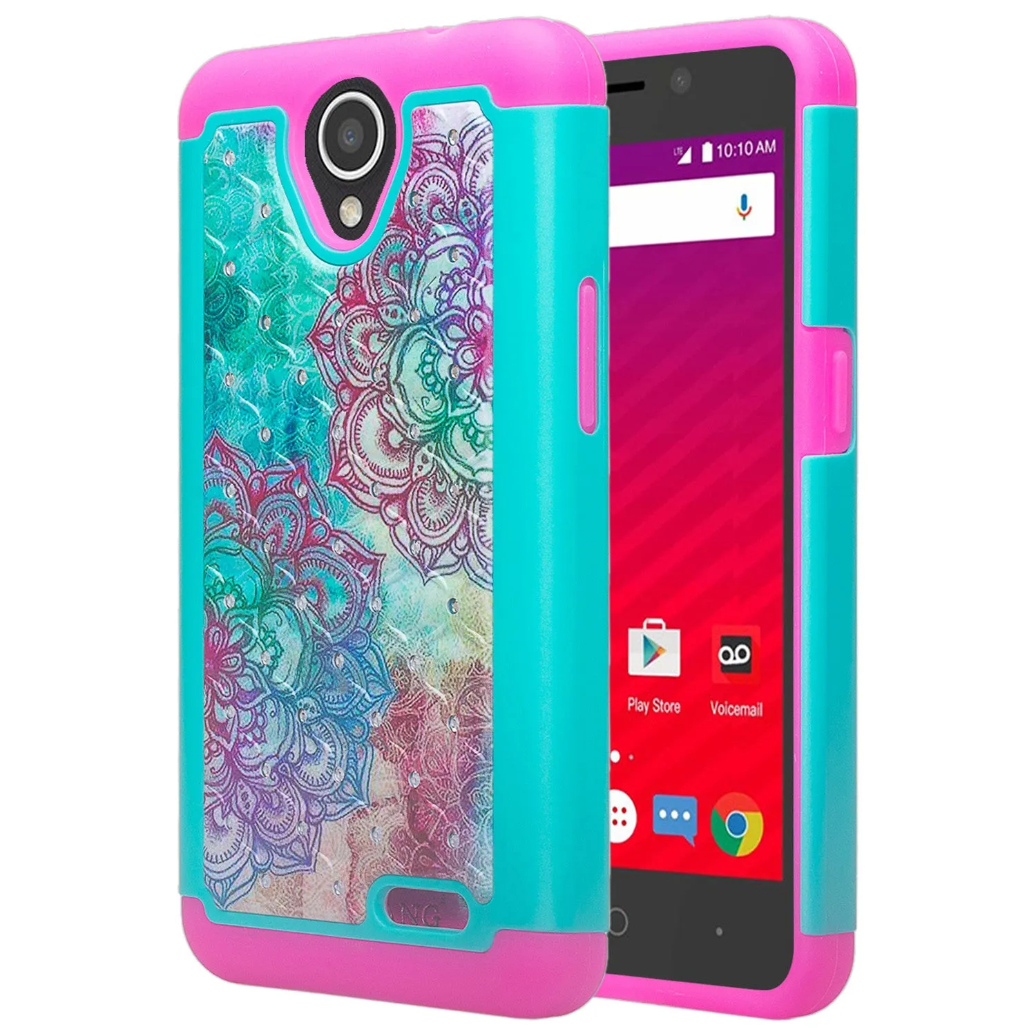 ZTE Prestige 2, Overture 3, Maven 3, Prelude Plus, ZTE 9136, Midnight Pro, Crystal Rhinestone Studded Shockproof Hybrid Dual Layer Case Cover - Teal Flower