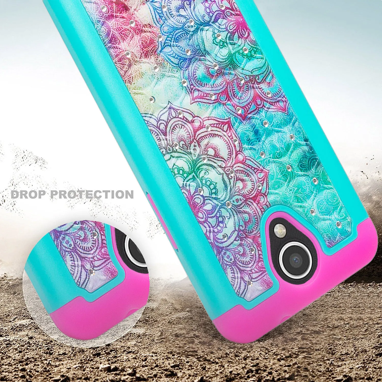 ZTE Prestige 2, Overture 3, Maven 3, Prelude Plus, ZTE 9136, Midnight Pro, Crystal Rhinestone Studded Shockproof Hybrid Dual Layer Case Cover - Teal Flower