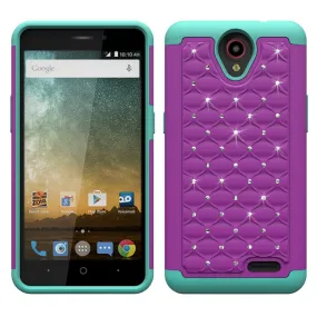 ZTE Prestige Case, Sonata 3, ZTE Avid Plus, ZTE Avid Trio, ZFive 2, Midnight Pro, Maven 2, Cheers, Slim Rhinestone Hybrid Dual Layer Case Cover - Purple/Teal
