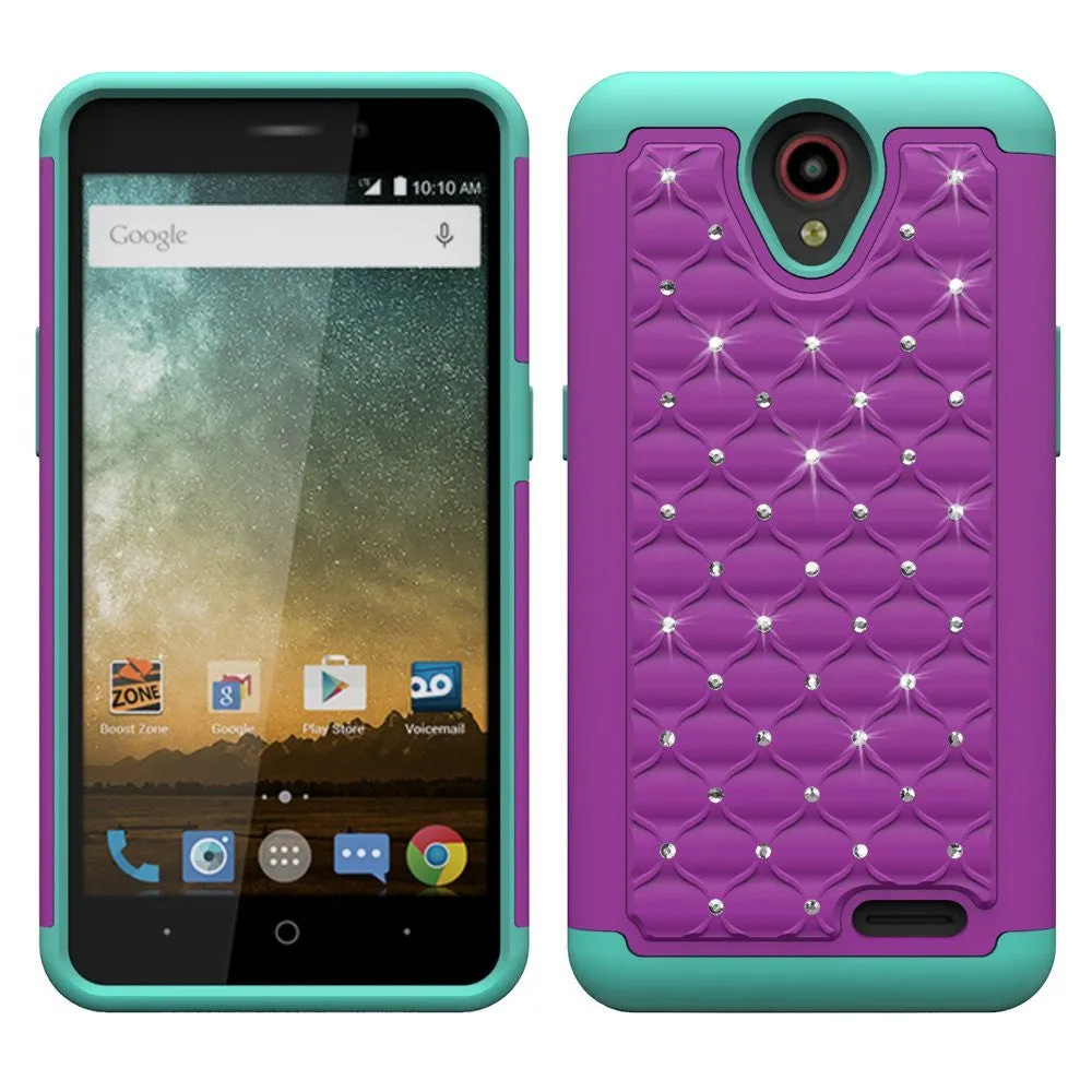 ZTE Prestige Case, Sonata 3, ZTE Avid Plus, ZTE Avid Trio, ZFive 2, Midnight Pro, Maven 2, Cheers, Slim Rhinestone Hybrid Dual Layer Case Cover - Purple/Teal
